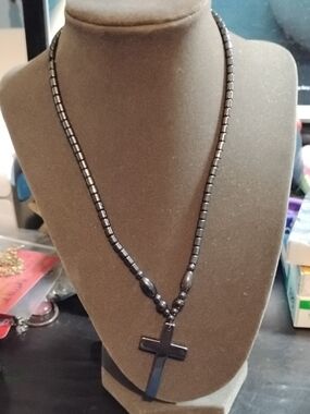 Unisex Hematite-Style Black Beaded Cross Necklace Religious Jewelry 17"L